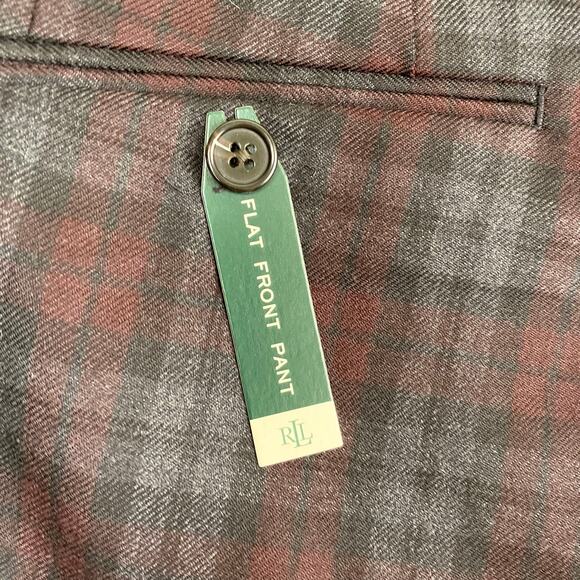 L-Ralph Lauren Mens Wool Blend Burgundy Plaid Flat Front Dress Pants Slim Fit - Picture 5 of 16